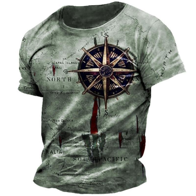 

New Vintage T -Shirt Men s Summer Short -Sleeved Navigation Compass 3d Print T -Shirt Fashion British Men s Clothing Streetwear 5XL