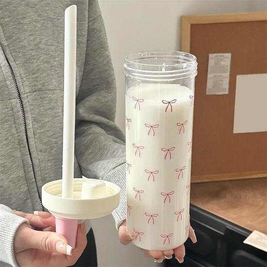 Rosa Sløyfetrykk Vannflaske med Sugerørslokk 700ml Søt Tekopp Bærbar Melk Juicebeholder for Utendørs Skole Reise