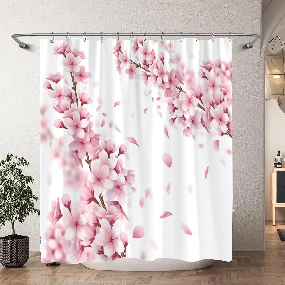 Japanese Cherry Blossom Watercolour Print Shower Curtain Koi Waves Chinese Ink Painting Polyester Shower Curtains Bathroom Decor
