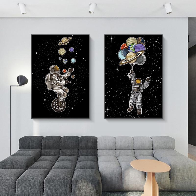 Astronaut with Planet Cartoon Nursery Child Plakát Roztomilá umělecká reprodukce Nástěnná malba Dekorace Obrázek Nordic Kid Dětská výzdoba pokoje
