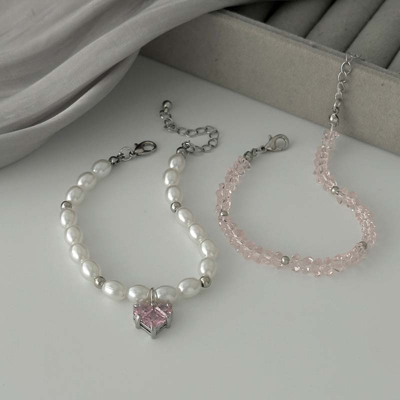 2Pcs/Set Elegant Pink Crystal Heart Bracelets for Women Vintage Imitation Pearl Double-Layer Bracelet Y2K Charm Jewelry Gift