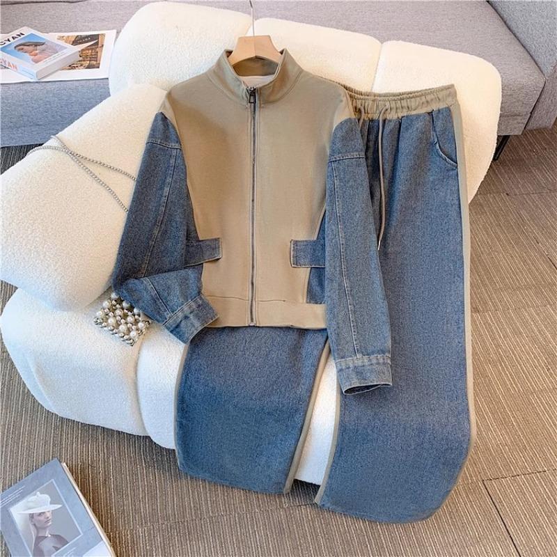Y2k Vintage Denim Patchwork Long Sleeve Coat Women+ High Waist Loose Straight Wide Leg Pants Two Piece Sets