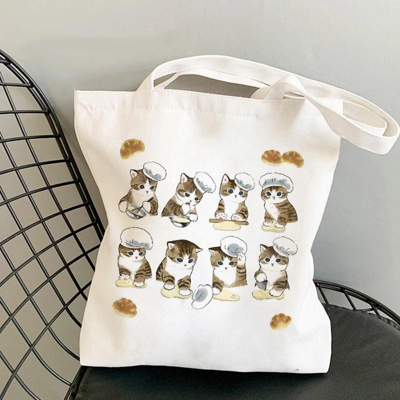 Whimsical Cat On Bicycle Canvas Shoulder Tote - Cute Print for Students and Shopping