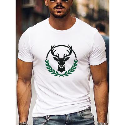 Lässiges Herren-T-Shirt mit Rundhalsausschnitt und geometrischem Hirschmuster – Kurzarm-Shirt in regulärer Passform für den Sommer