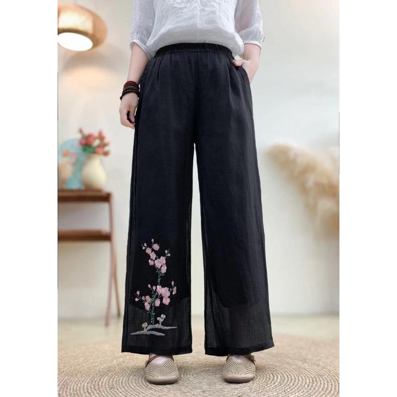 Hose im neuen chinesischen Stil für Damen im Sommer, elastische Stickerei, ethnischer Stil, bestickte Freizeithose, Retro-Loose-Weitbeinhose