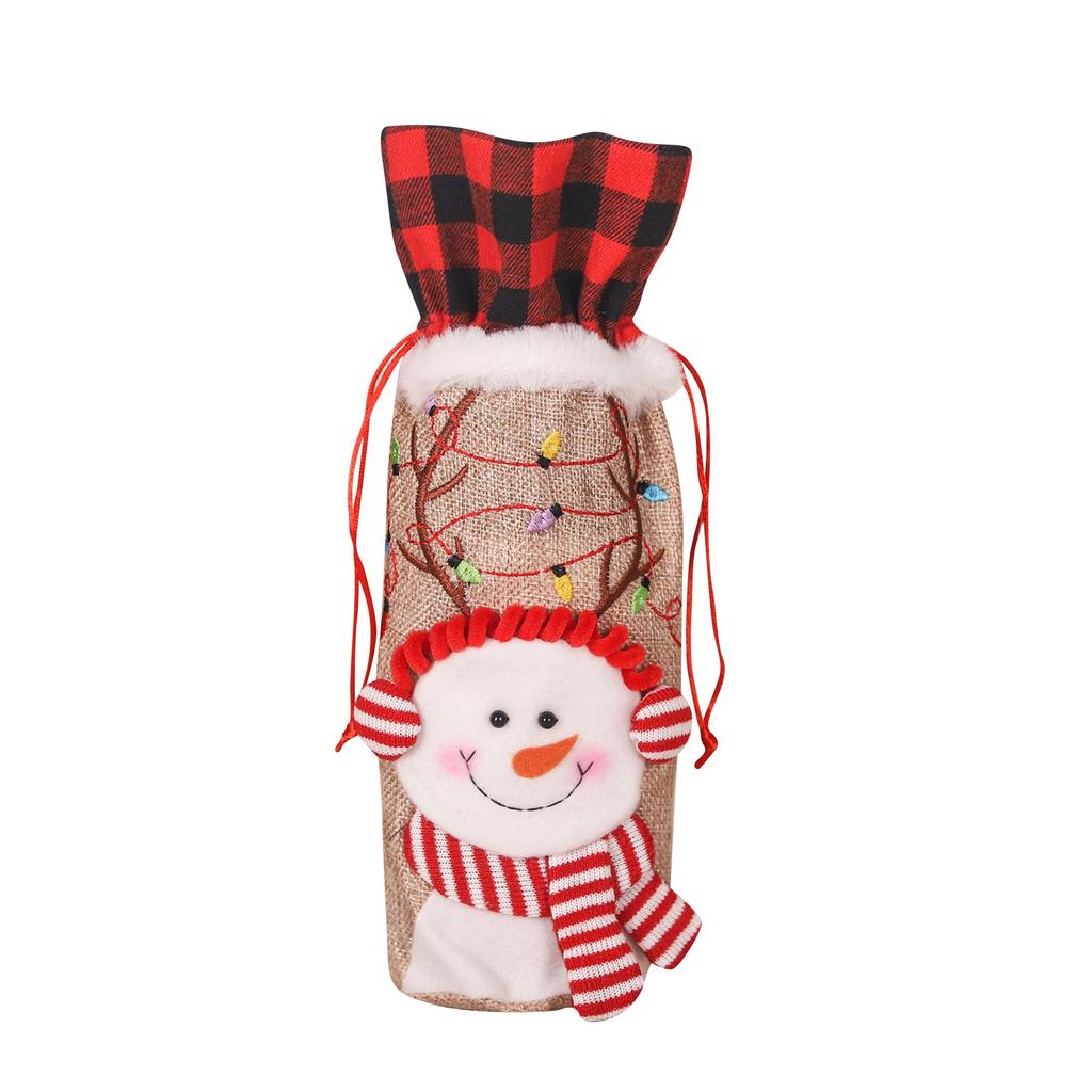 Christmas Supplies Christmas Red And Black Checkered Linen Red Wine Bottle Embroidered Christmas Doll Handbag