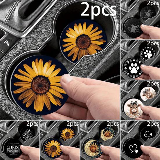Huaqianguhh 2PCS Car Coasters, Decorative Silicone Non-Slip Auto Accessories, Reusable Stain-Resistant Thermal Pads, for Home Bar Kitchen