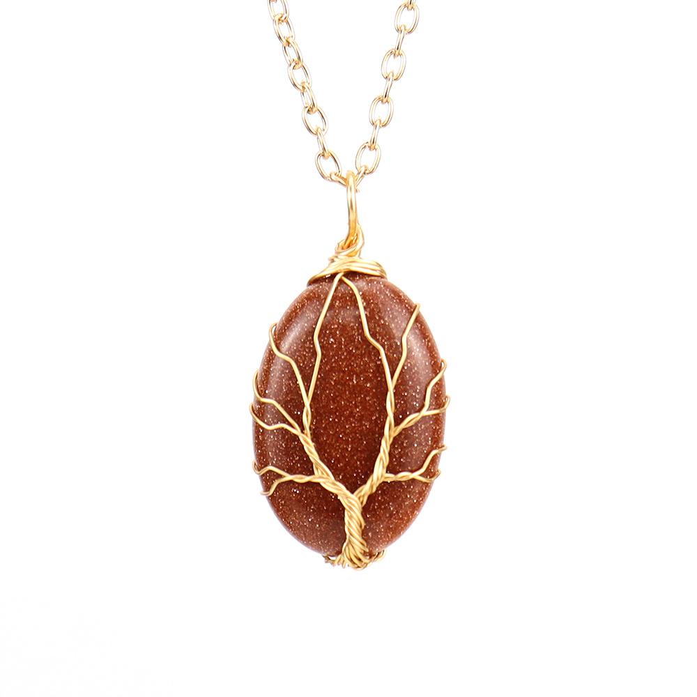Silk Natural Crystal Rough Stone Egg-Shaped Gold Winding Tree Of Life Pendant Necklace N644