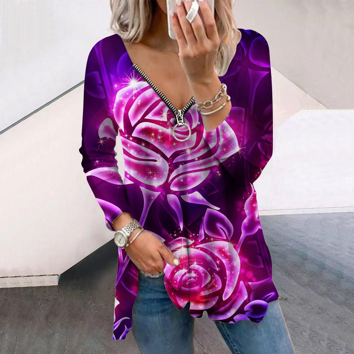

Женские осенние цветочные фиолетовые розы с длинным рукавом, свободные футболки с V-образным вырезом, большие размеры, удобные блузки