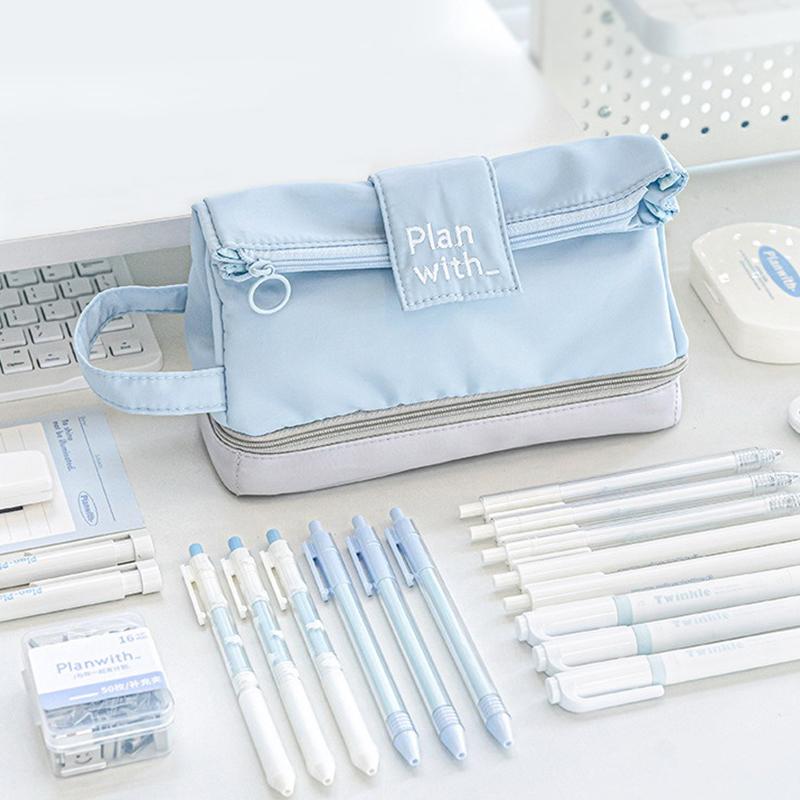 Folding Double Layer Pen Bag Creative Simple Pen Bag Large Capacity Stationery Storage Bag Student Pencil Box Gifts