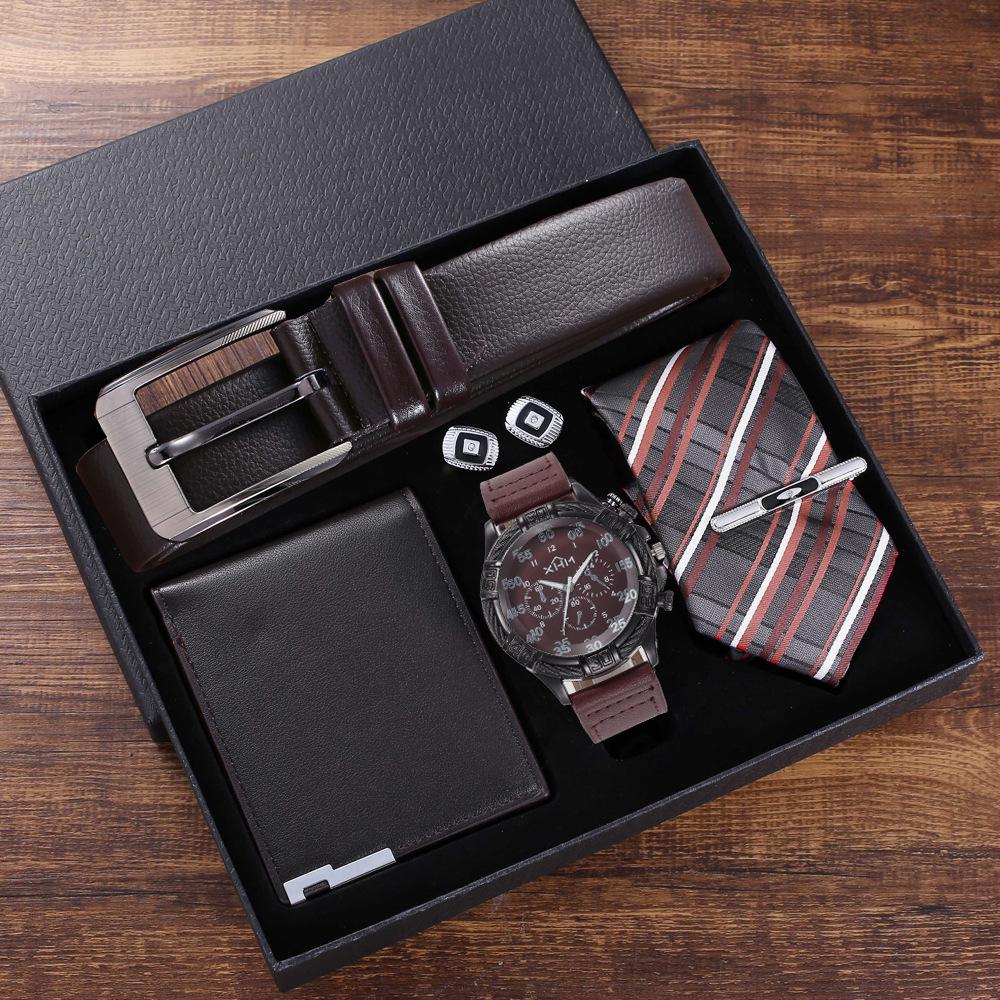 Luxury Gift Set: Belt, Wallet, Tie, Large Dial Quartz Watch (Random Cufflinks & Tie)