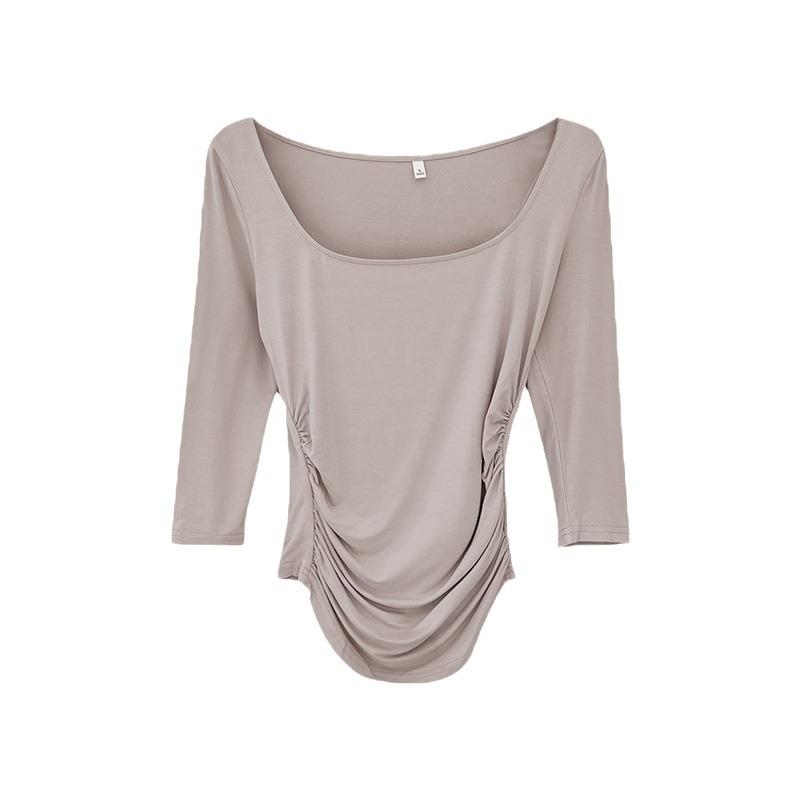 Small Luxury Sense Square Collar Slim-fit Pleated Mid-sleeve T-shirt Women's New Spring and Autumn Temperament with a Base Top