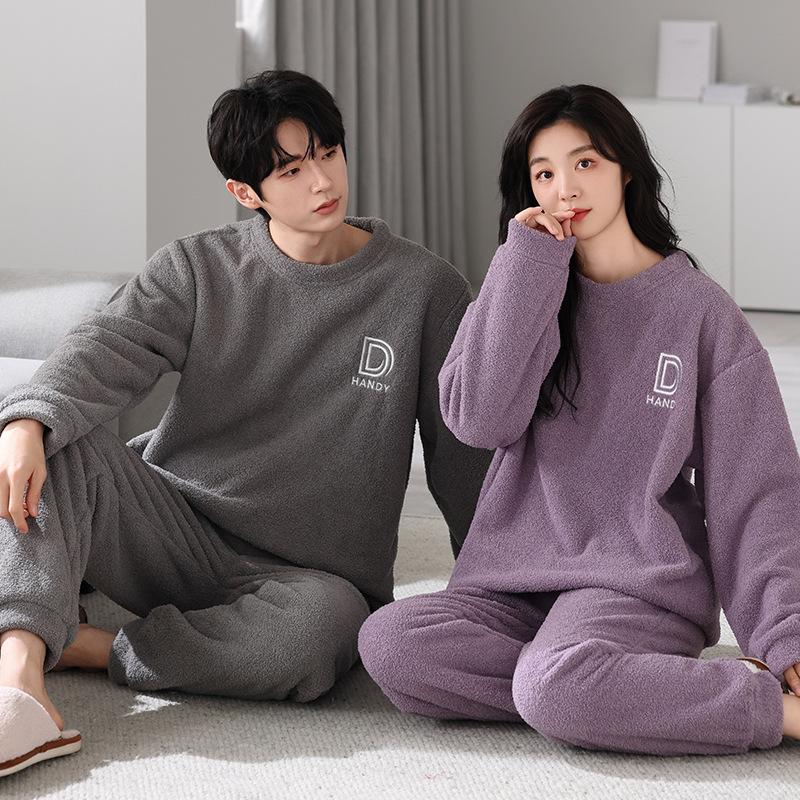 2024 = 5 Years Couple Pajamas Autumn And Winter Thickened Warm Half Fleece Loungewear Can Wear Coral Fleece Cover