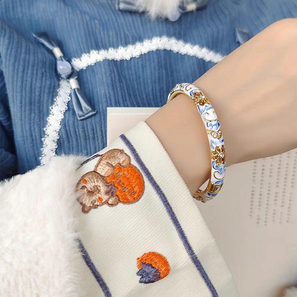 Flower Enamel Opening Bracelet Traditional Metal Hand Bracelet Chinese Cloisonne Bracelet  Female