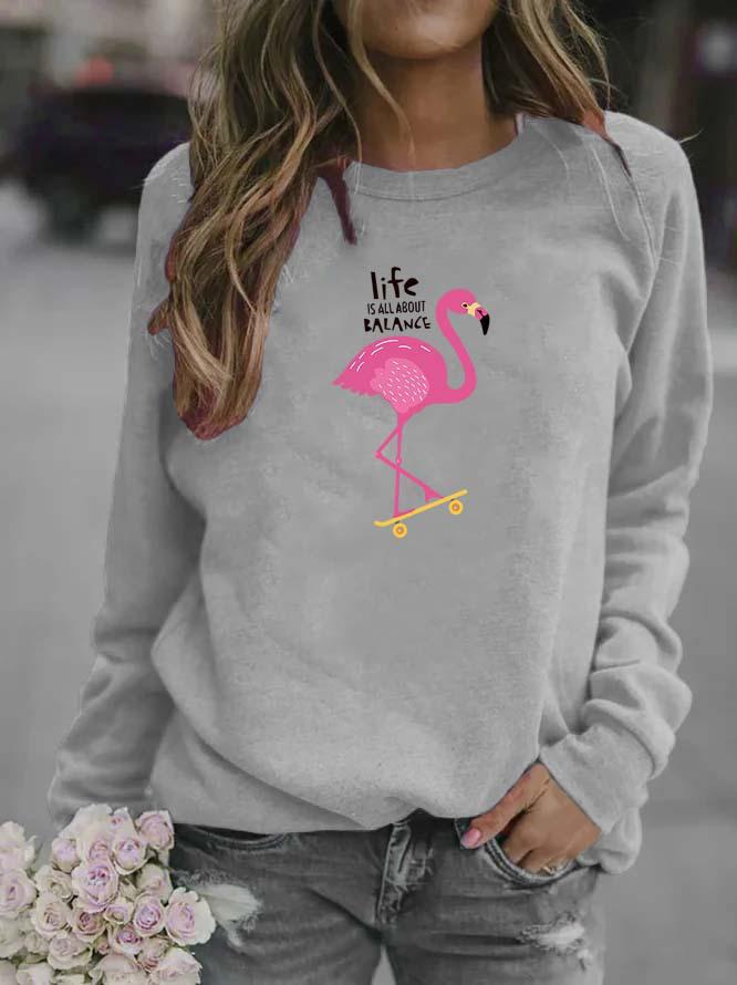 Flamingo Print Round Neck Women's Hoodie