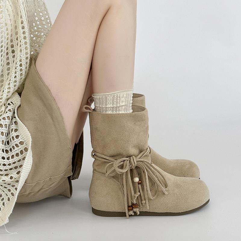 Fashion Tassel Bow Thick Heel Short Boots Women's Autumn and Winter Retro Style New Suede Temperament Versatile Fashion Boots