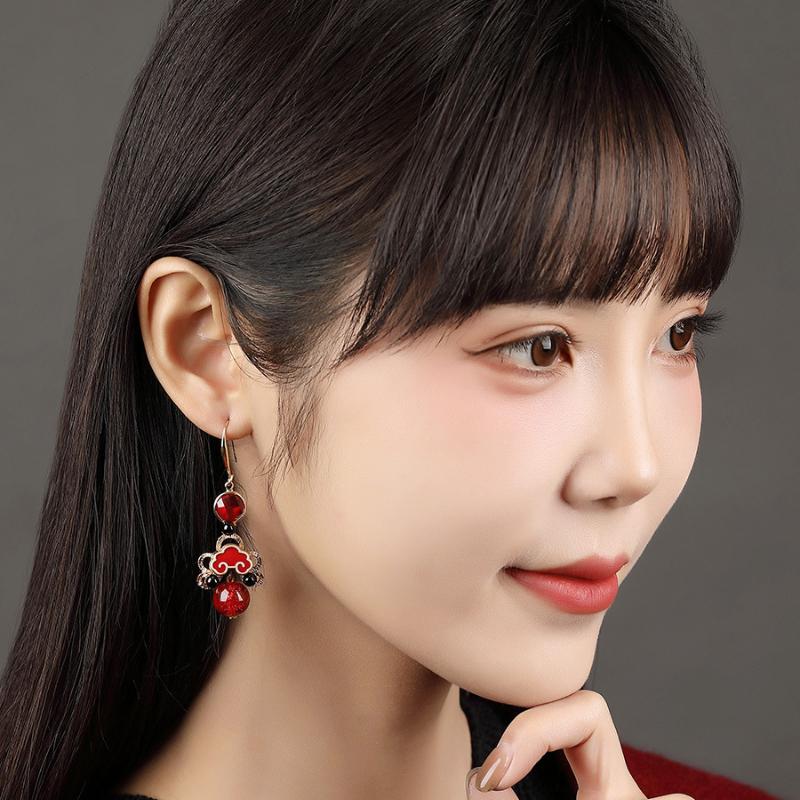 GemChic Women's New Vintage Red Coloured Glaze Alloy Tassel Fringe Earrings Ethnic Fashion Hook Earrings Birthday Christmas Jewelry Gift