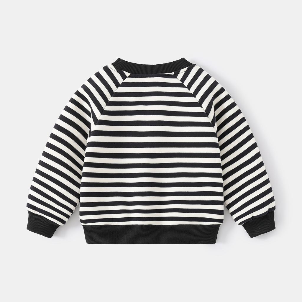 Black and white striped crew neck jumper autumn and winter new children's fleece sweater casual pocket children's top