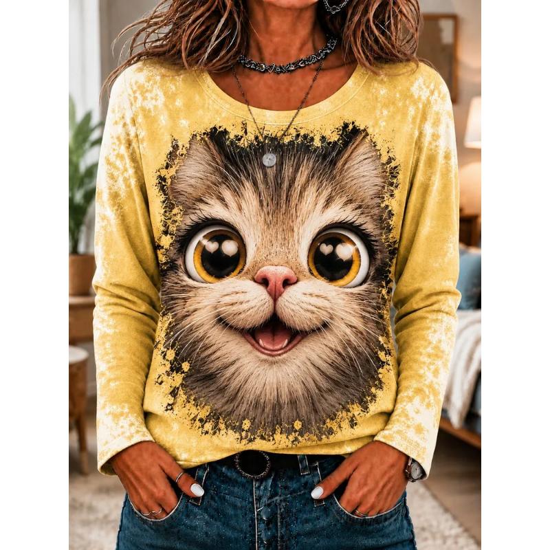 Fashion Women's Crew Neck Long Sleeve 3D Casual Color Printing Casual Long Sleeve Crew Neck T-Shirt