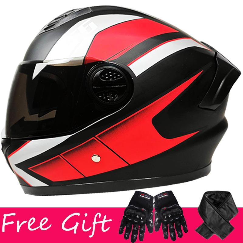 Gloves + Scarf, Double Lens Full-coverage Helmet for Men and Women Riding Four-season Safety Helmet