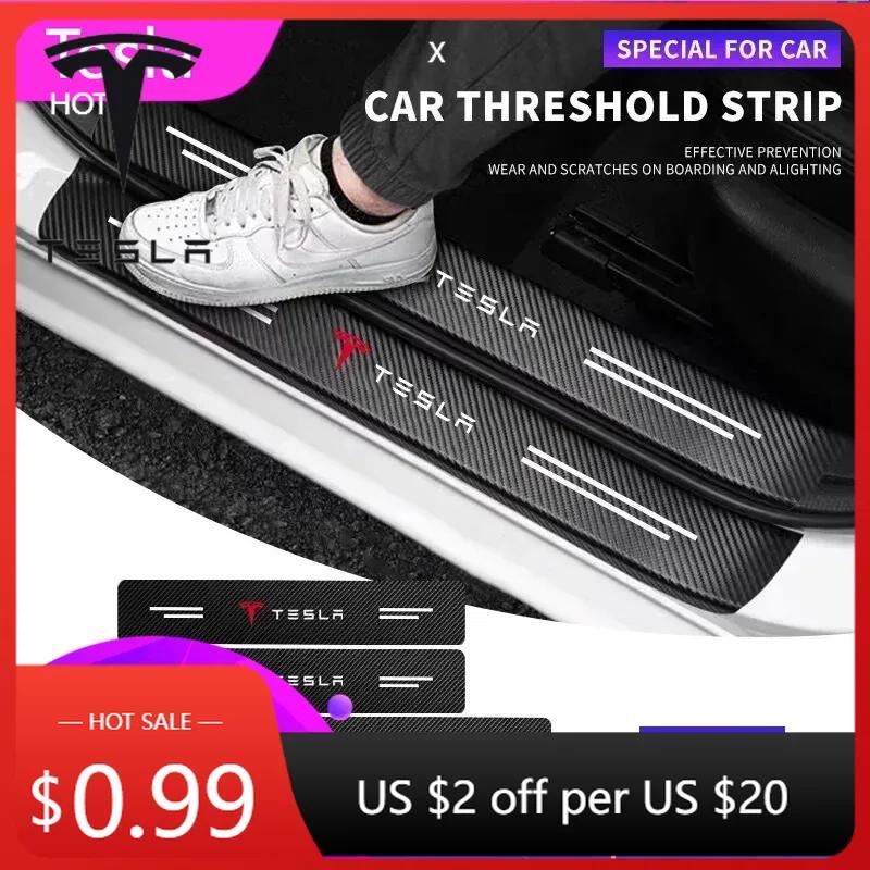 Car Sticker 2025 New Tesla 4pcs Carbon Fiber Car Threshold Protection Sticker Auto Trunk Anti Scratch Decal For Tesla Model 3 Mo
