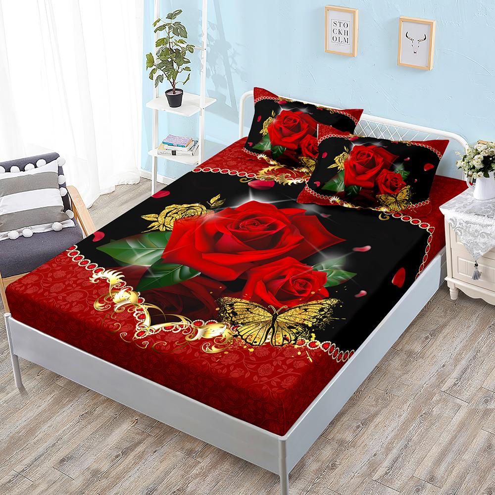 Flower Rose Kit, Bed Hat Three-Piece Set, Bed Cover, Pillowcase, Mattress Protective Cover, Bed Sheet All-Inclusive.