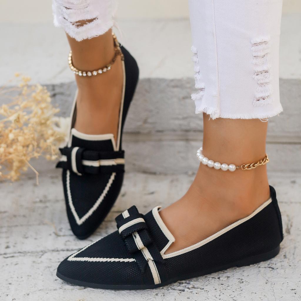 Bowknot Decor Women Loafers Breathable Knitted 2024 Autumn Soft Bottom Pointed Toe Slip On Ballet Flats Woman Solid Casual Shoes