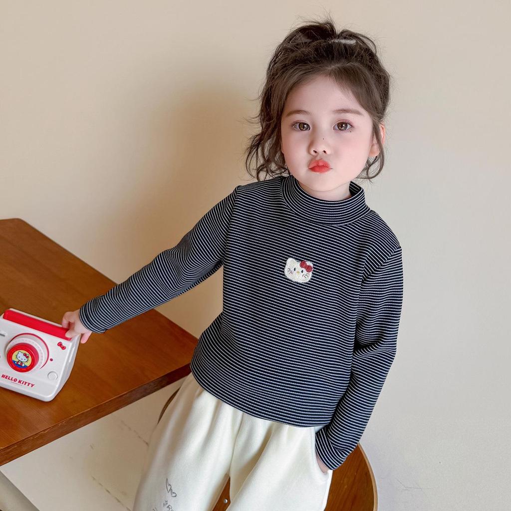 Girls' Fleece-Lined Long-Sleeve T-Shirt - Autumn/Winter Semi-High Collar Top