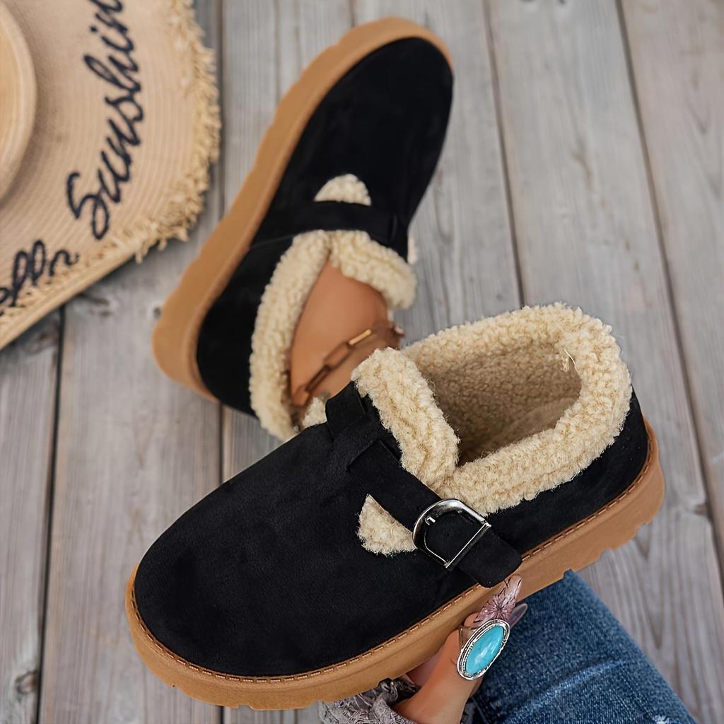 Cozy Fleece-Lined Ankle Boots - Women's Casual Mid Heel Platform Shoes - Round Toe Fabric Upper, Rubber Sole for Winter Warmth with Buckle Closure
