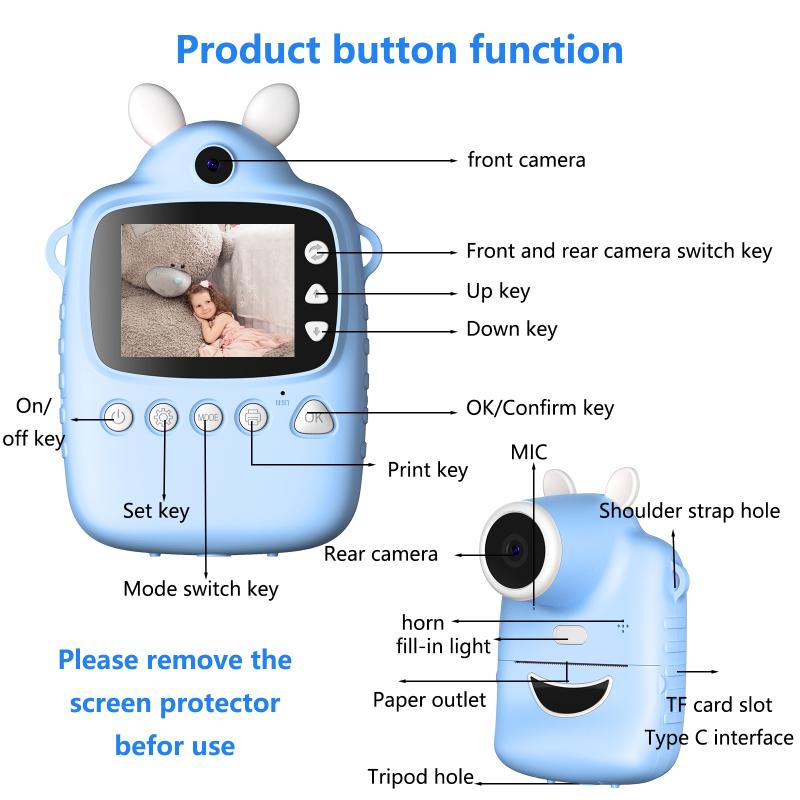 P1 Children Instant Camera Mp3 Printing Camera With Print Paper 2.4-inch HD Camcorder For Girls