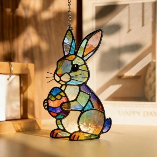 Osterhase Acryl Sonnenfänger Ornament im Buntglas-Stil Bunte Fensterhänge-Dekoration für Ostern Geburtstag Frühling Garten Hausdekor Geschenk