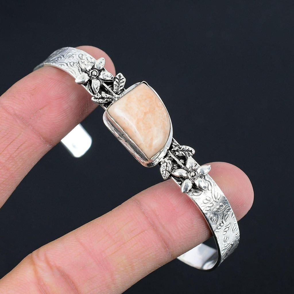 925 Sterling Silver Trillion Natural Orange Aventurine Flower Bangle Bracelet