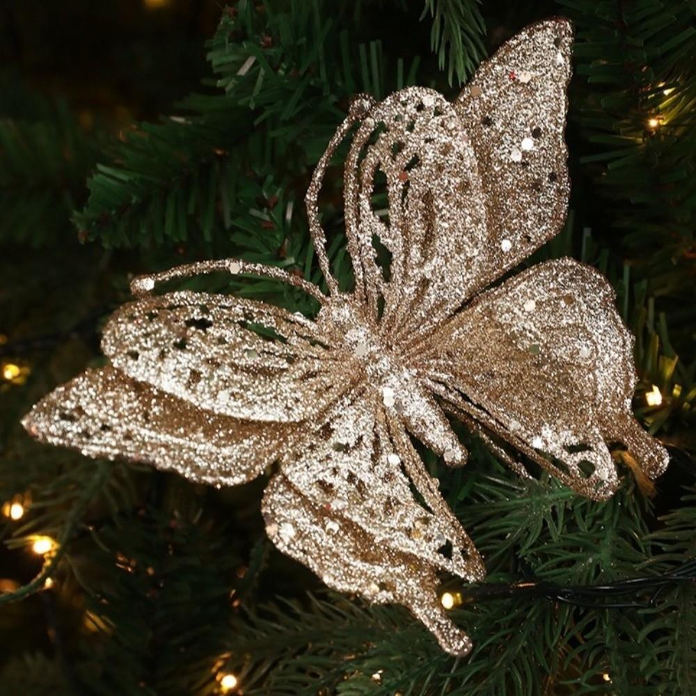 Glitter Butterfly Christmas Flower Simulated Sequins Christmas Tree Decoration Exquisite Flocking Artificial Butterfly Clip