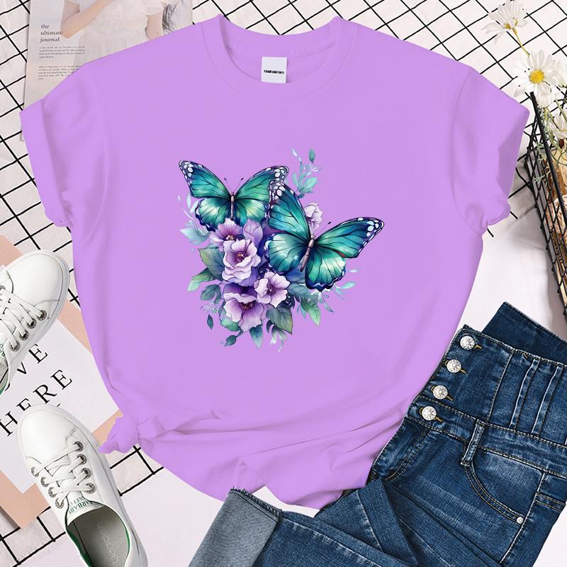 (Premium T-shirt)Funny Flower Butterfly Print T-Shirts For Women Summer Round Neck Tee Shirt Femme Fashion Casual T-Shirts