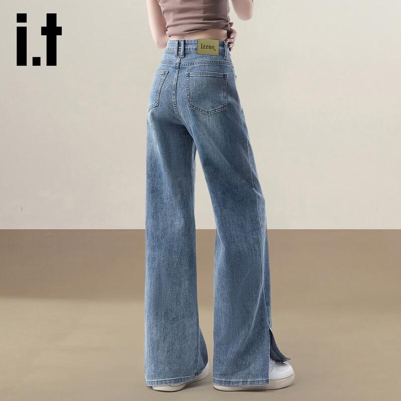 Izzue It Women's High-Waist Split Hem Vintage Wash Wide-Leg Jeans