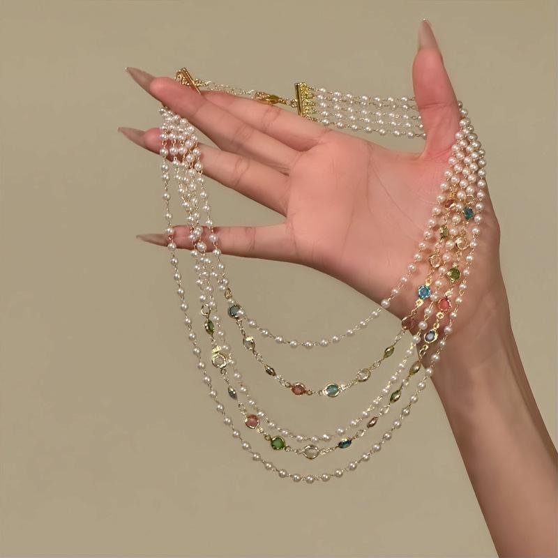 French Retro Multi-layer Pearl Glass Necklace: Elegant Clavicle Chain with Court Style