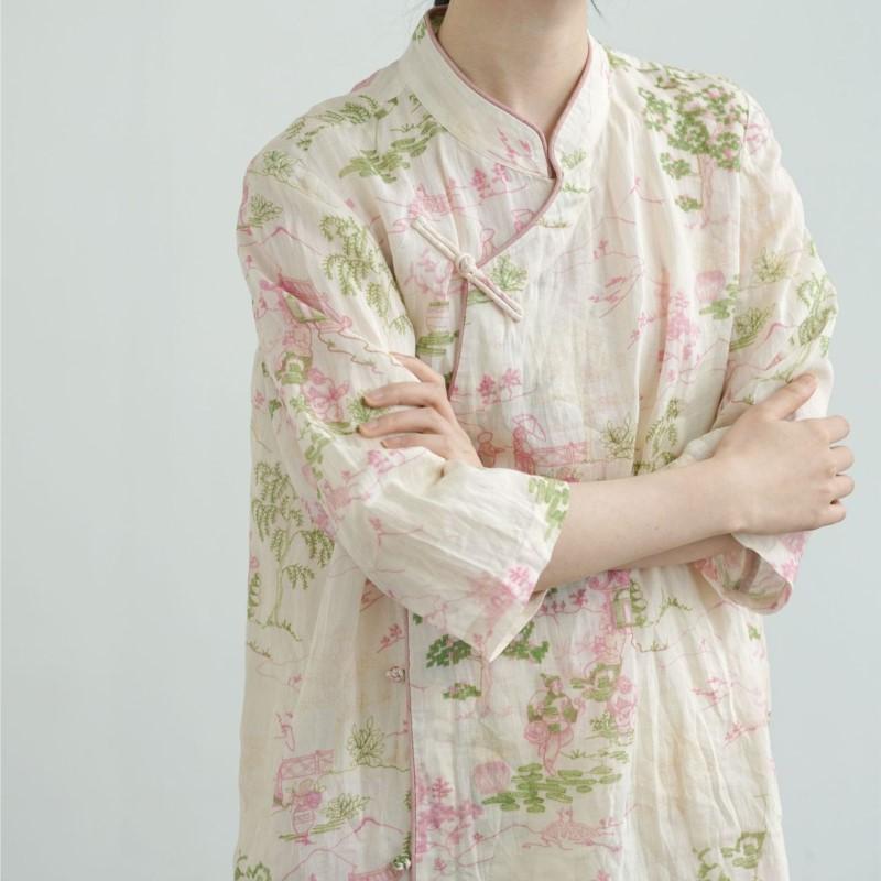 Johnature Women Vintage Print Floral Dress Stand Seven Sleeve Summer Button Chinese Style Dresses