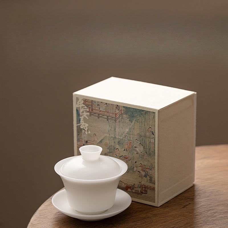 150ml Burnt Mutton Fat Jade White Porcelain Gaiwan Japanese Tea Tureen Tea Cover Bowl Tea Ceremony Supplies Teaware Gift Box