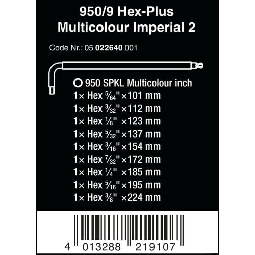 Wera 05022640001 | Hex Plus 950/9 Hex Wrench Set, Multicolor, Inch Size, Laser Finish, 9-Piece Set [Officially Imported from Japan]