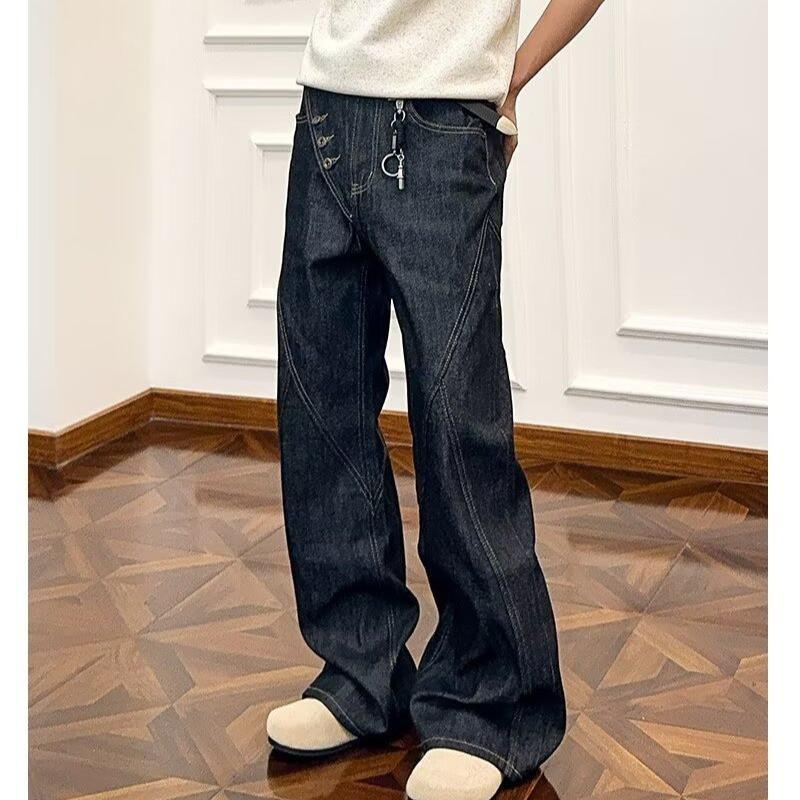 Mens Vintage Washed Denim Jeans Straight Cut Loose Fit Wide Leg Trousers Casual Wear