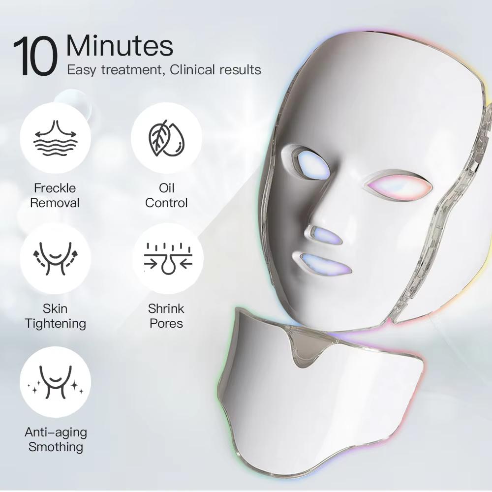 LED Light Therapy Face Mask with Neck - 7 Color Professional Beauty Device for Home Skincare Routine