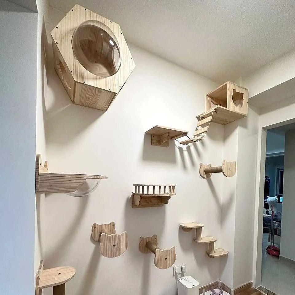 1 Piece Wooden Cat Tree Cat Tree Wall-mounted Cat Furniture Cat Ladder Hammock Cat Jumping Platform