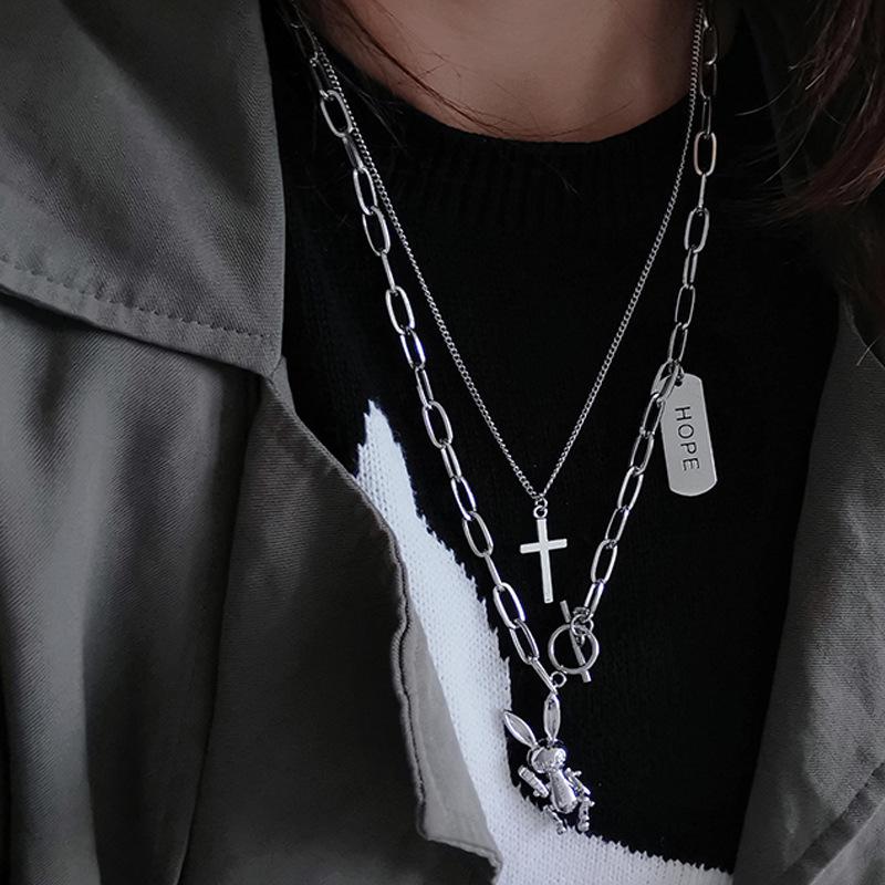 Multi-layer Hip-Hop Fashion Necklace with HOPE & Movable Rabbit Pendant for Men and Women - Trendy, Versatile Design