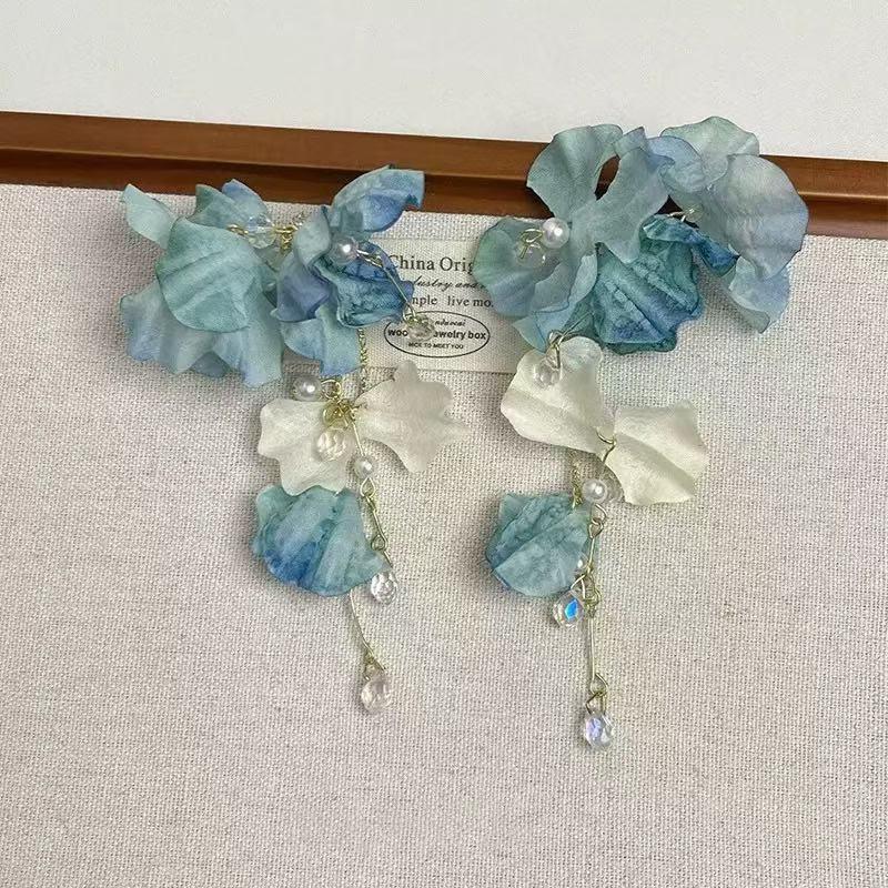Sweet Fabric Flowers Long Tassel Earrings For Women Sweet Temperament Crystal Drop Dangle Earring Party Wedding Jewelry Gift 2025