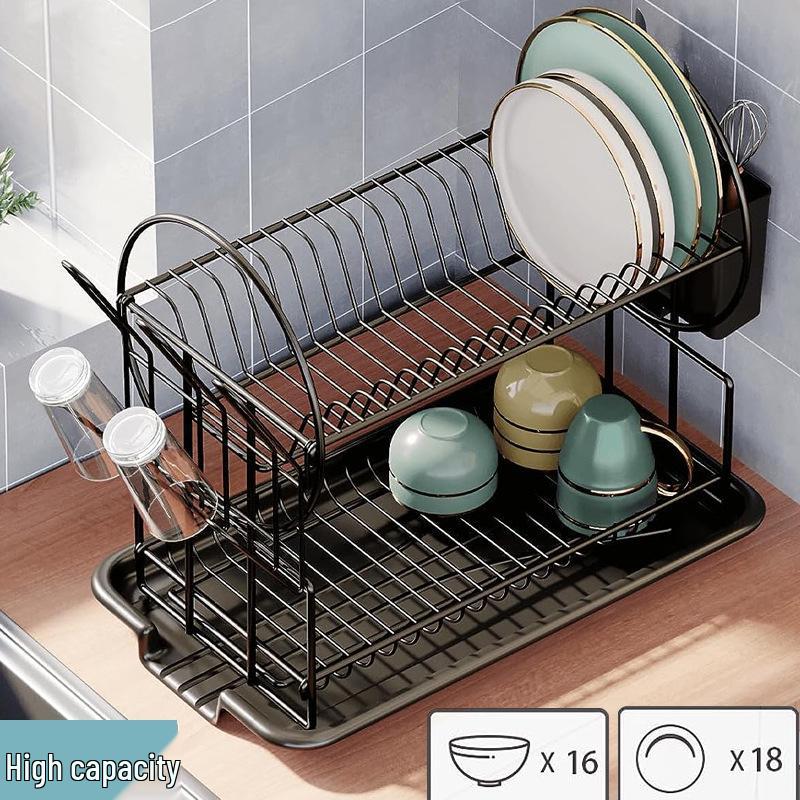 Double-Layer Kitchen Dish Rack with Large Capacity Drip Tray