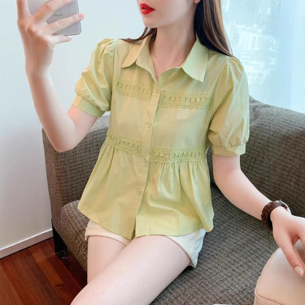 Women's Shirt Bubble Short Sleeved Shirt Shoulder T-shirt Summer Chic Shirt French Short Top