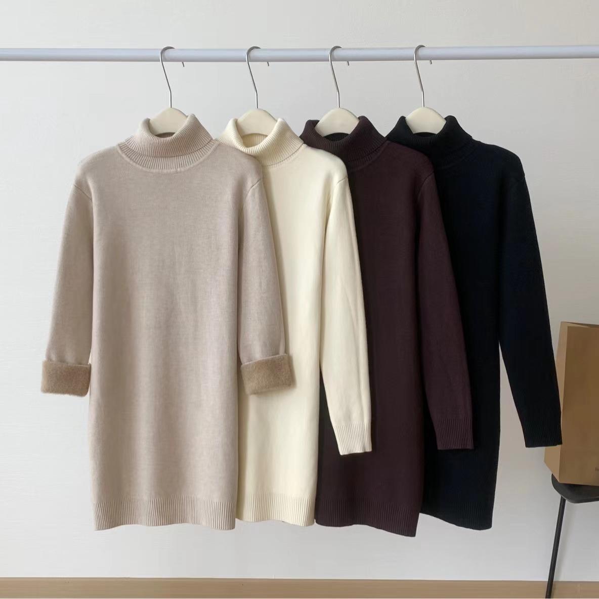 

Женский однотонный цельный бархатный свитер с утолщенным трикотажным платьем, теплое трикотажное повседневное платье средней длины с длинными рукавами и высоким воротом, пуловер XL бежевый