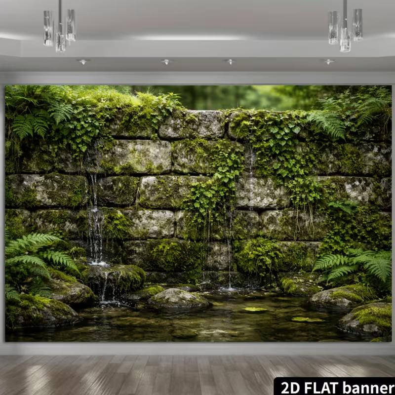 2D Vintage Garden Banner with Ivy and Pond Photo Booth Background Cloth