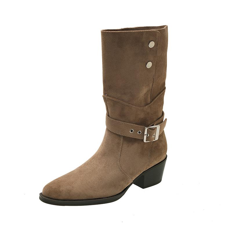 Retro belt buckle pointed middle boots thick heel autumn and winter fashion thick sole, thin and high casual western cowboy boots