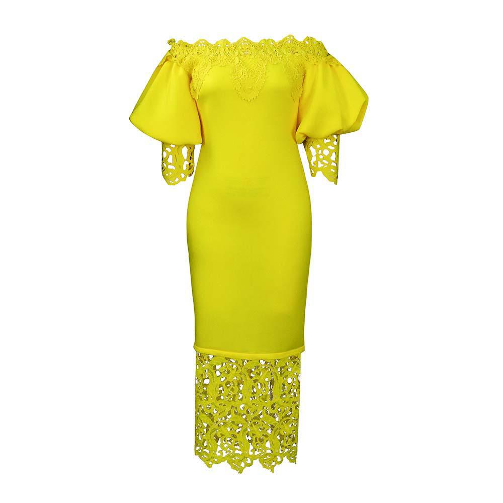 D247 Off-Shoulder Cold-Shoulder Bodycon Dress with Lace Patchwork and Lantern Sleeves